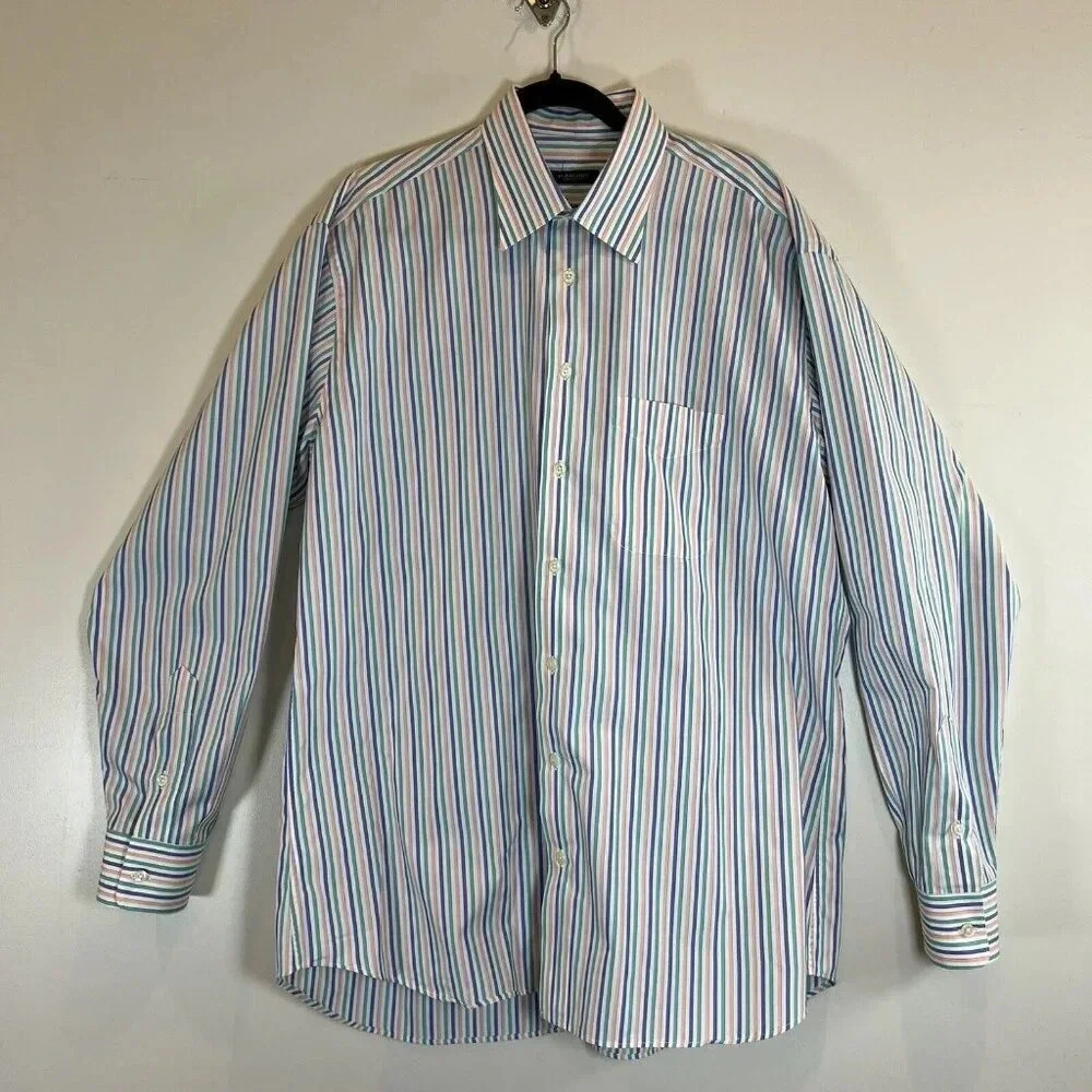 Burberry London Mens 16.5 L Dress Shirt Blue Green Coral Stripe 100% Cotton